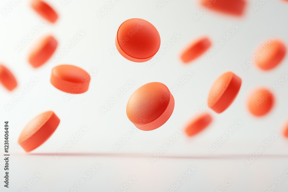 3D matte orange-red round tablets falling and hovering mid-air. Natural light, crisp white background, high contrast, clean design. Perfect for medical, supplement, and pharmaceutical ads 3D matte orange-red round tablets falling and hovering mid-air. Natural light, crisp white background, high contrast, clean design. Perfect for medical, supplement, and pharmaceutical ads