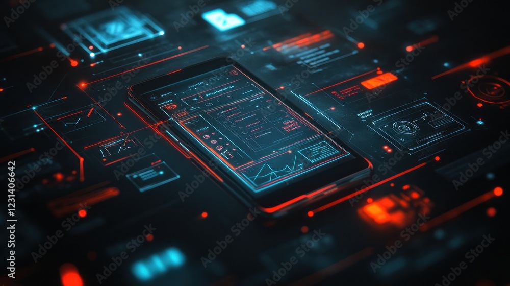 Futuristic smartphone displaying digital data and interfaces. Futuristic smartphone displaying digital data and interfaces.