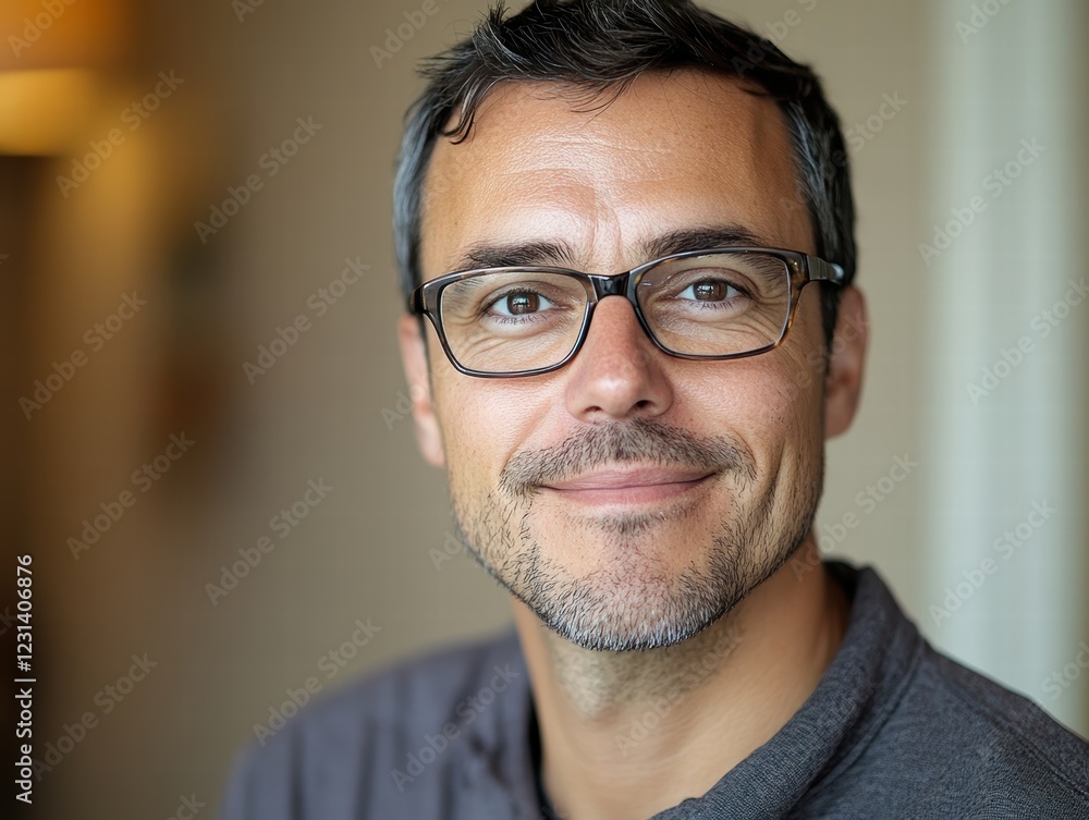 A close-up portrait of a man in glasses, smiling with a warm expression, with light softly illuminating his face against a neutral background. A close-up portrait of a man in glasses, smiling with a warm expression, with light softly illuminating his face against a neutral background.