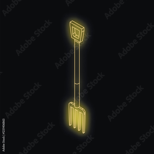 Neon yellow gardening pitchfork with long handle glowing on dark background, isometric projection