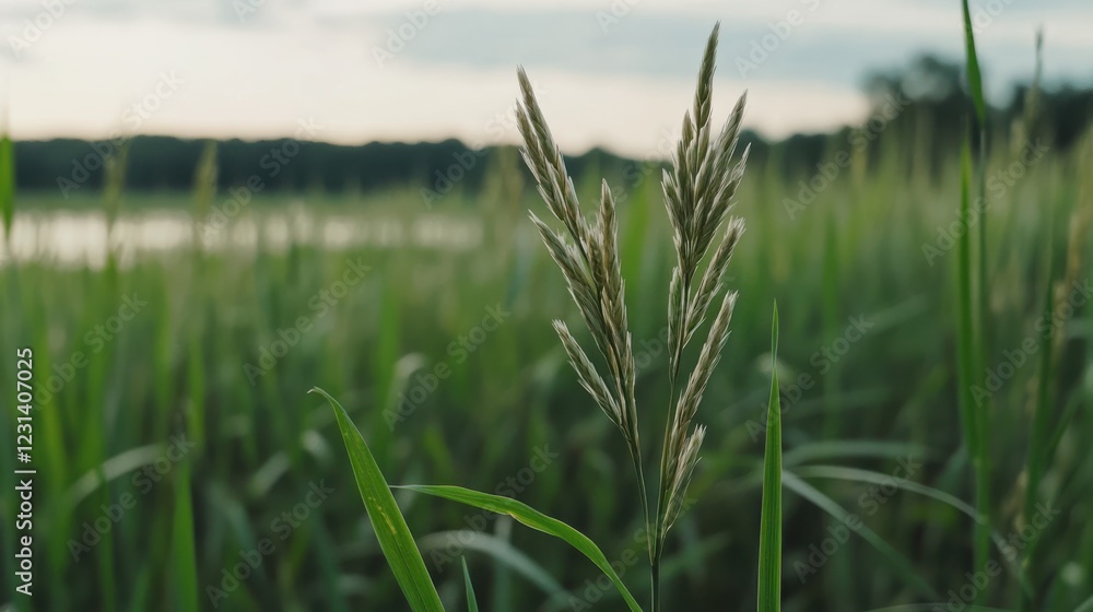 Fototapeta premium A single wheat stalk sways in a lush green field, capturing simplicity and the tranquility of nature.