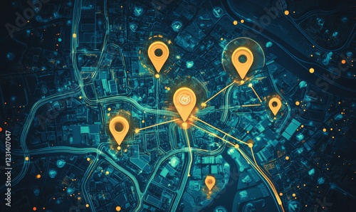 Geolocation Tracking: Illustration of a map with digital footprints indicating geolocation data collected from mobile devices and online activities, highlighting location-based