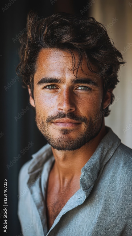 A close-up shot of a handsome man wearing a casual button-up shirt, with a soft smile and a warm expression, captured in natural light. A close-up shot of a handsome man wearing a casual button-up shirt, with a soft smile and a warm expression, captured in natural light.