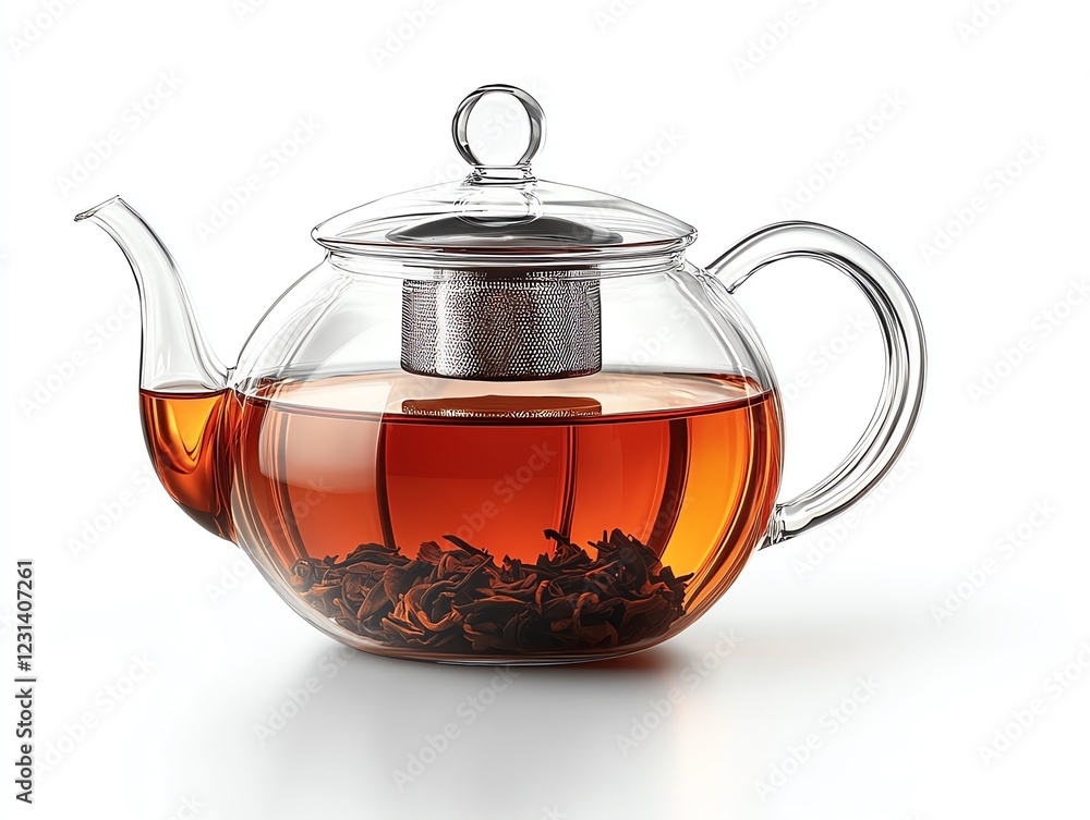 Glass Teapot with Infuser: Brewing Amber Tea, Elegant Still Life Glass Teapot with Infuser: Brewing Amber Tea, Elegant Still Life