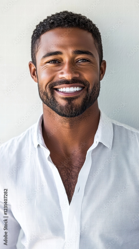 A close-up portrait of a man with a trimmed beard and a warm smile, wearing a button-down shirt and standing against a white background. A close-up portrait of a man with a trimmed beard and a warm smile, wearing a button-down shirt and standing against a white background.