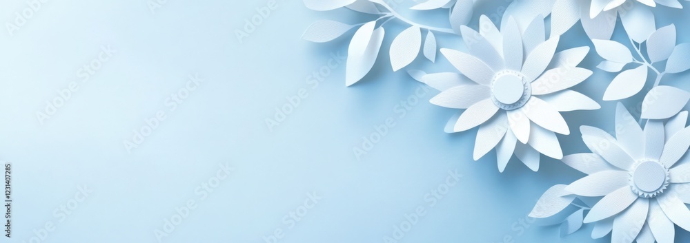 White paper flowers and leaves on a light blue background. White paper flowers and leaves on a light blue background.