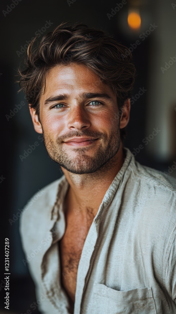 A close-up shot of a handsome man wearing a casual button-up shirt, with a soft smile and a warm expression, captured in natural light. A close-up shot of a handsome man wearing a casual button-up shirt, with a soft smile and a warm expression, captured in natural light.
