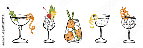 Alcohol drinks set. Hand drawn sketch set of tropical cocktails. Vector illustration. Outline bar menu, cold drinking restaurant beverages set.
