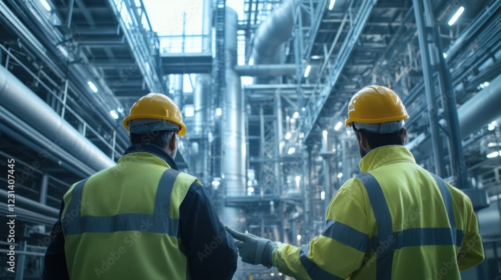 Construction engineers inspecting reinforced concrete structures at a developing manufacturing plant. Construction engineers inspecting reinforced concrete structures at a developing manufacturing plant.