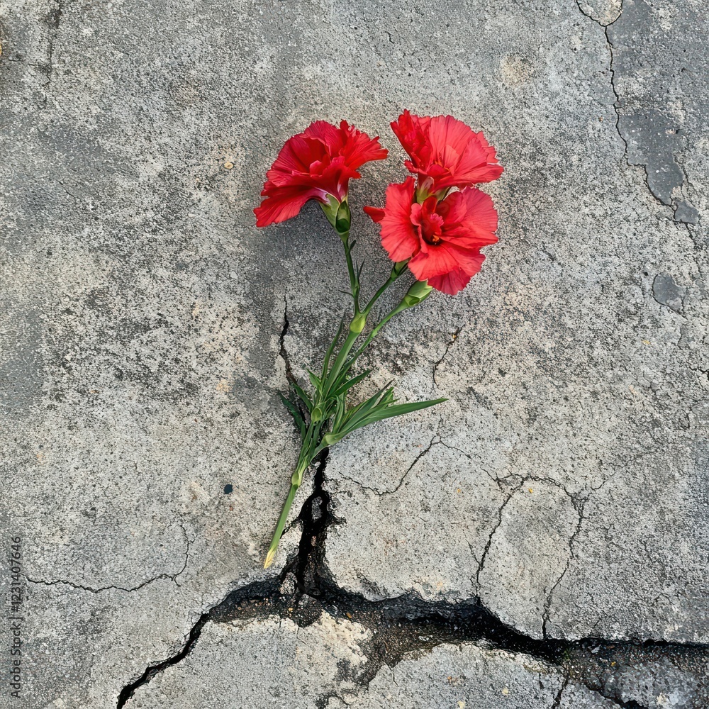 Red carnations sprout from a crack in the pavement. Red carnations sprout from a crack in the pavement.