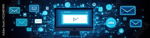 Digital email marketing concept with computer screen and glowing email icons.