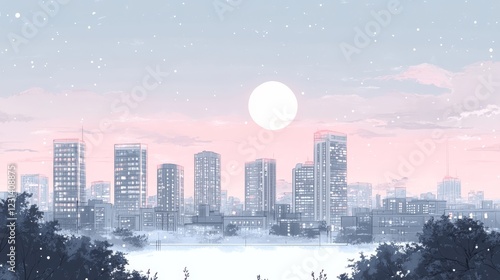 Serene Winter Cityscape at Dusk Under a Full Moon