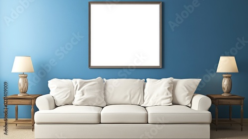 A stylish living room featuring a mock-up blank poster frame on a blue wall, with a sofa, end tables, and lamps creating a cozy and modern ambiance