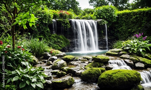 Backyard Waterfall and Stream with Natural Rock Formations – Peaceful Landscape Design for a Cozy Outdoor Escape