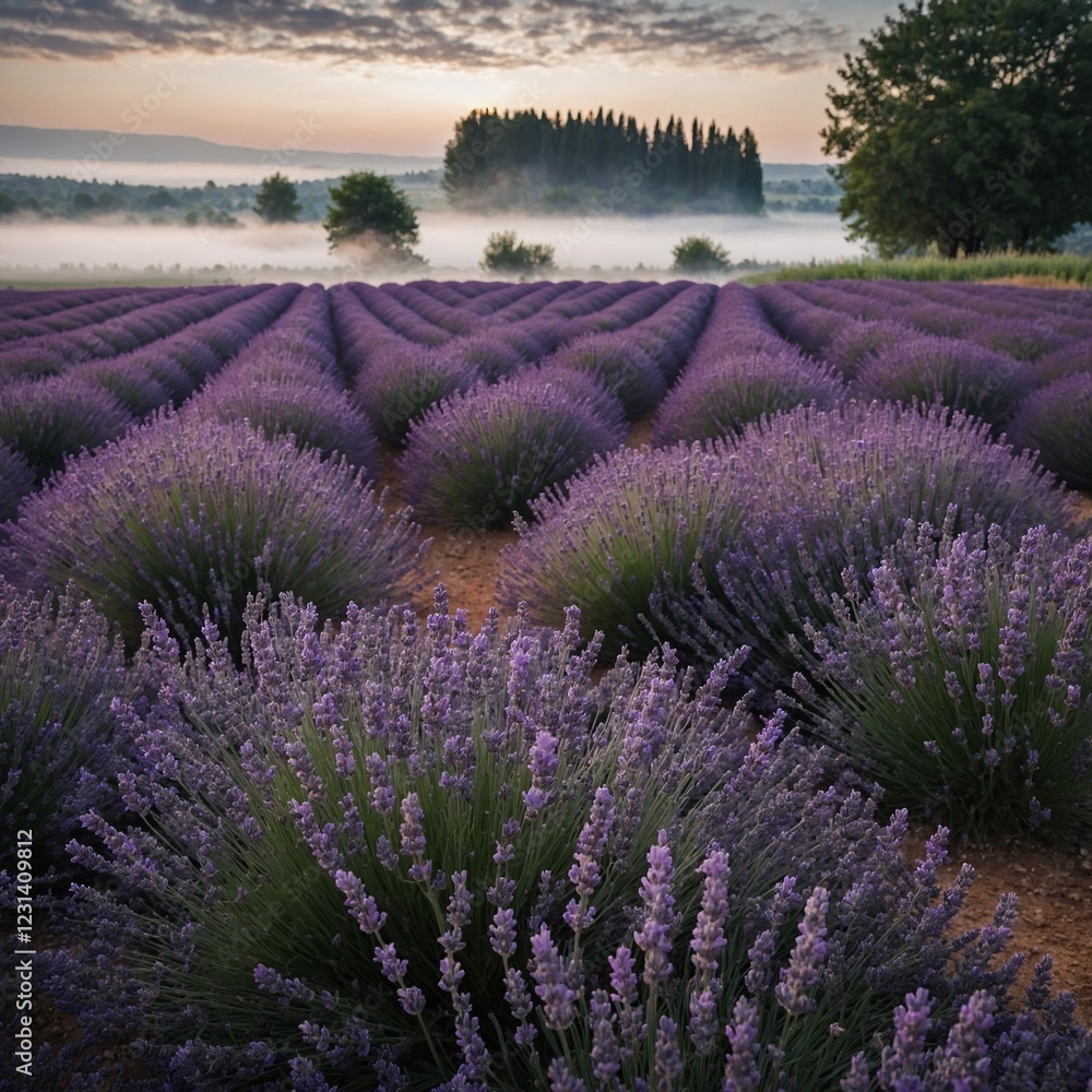 Obraz premium A breathtaking view of lavender fields with a soft mist.