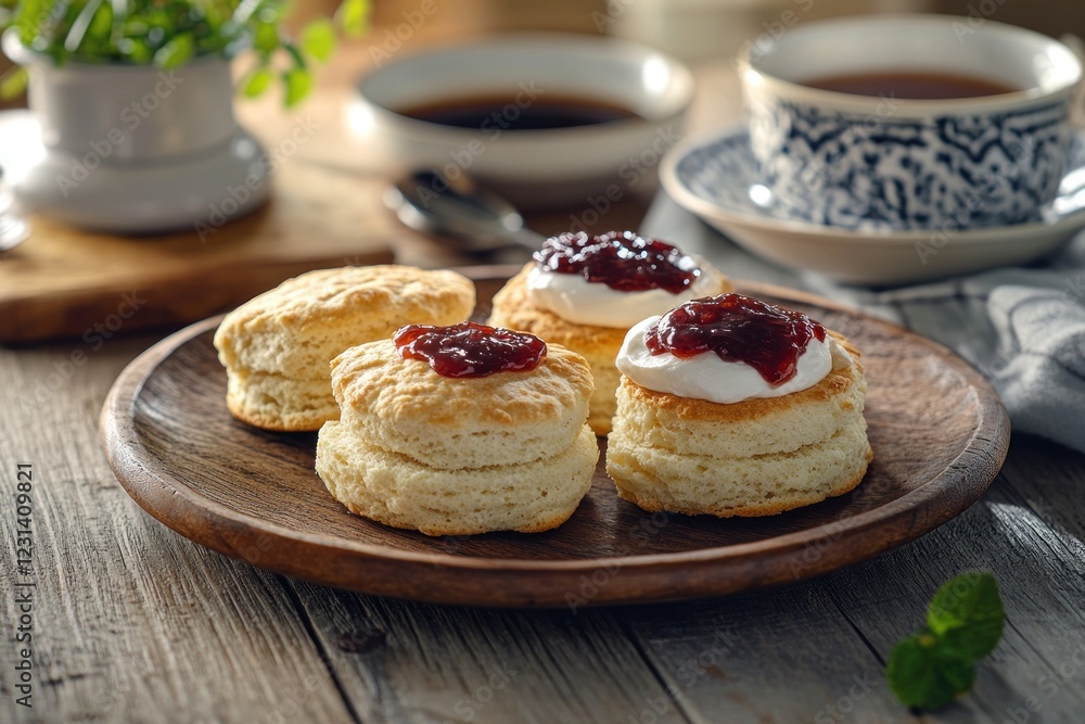 Delicious scones with jam and cream served on a wooden plate alongside teacups on a rustic wooden table. Delicious scones with jam and cream served on a wooden plate alongside teacups on a rustic wooden table.