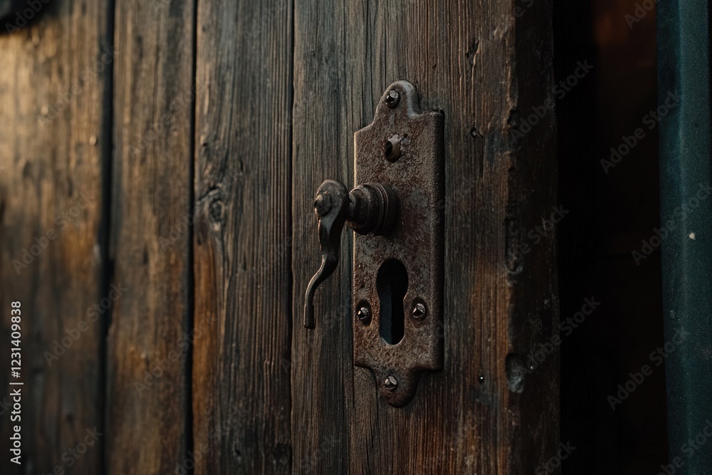 Close-up of rustic, aged wooden door with antique metal handle and keyhole. Close-up of rustic, aged wooden door with antique metal handle and keyhole.