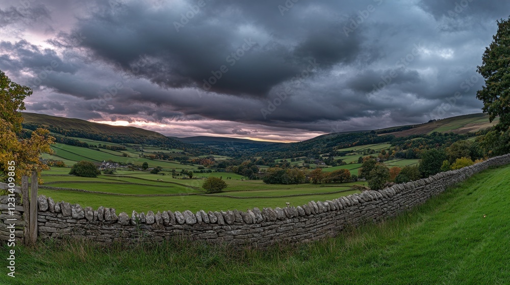 Obraz premium Dramatic sunset over rolling hills and stone wall.