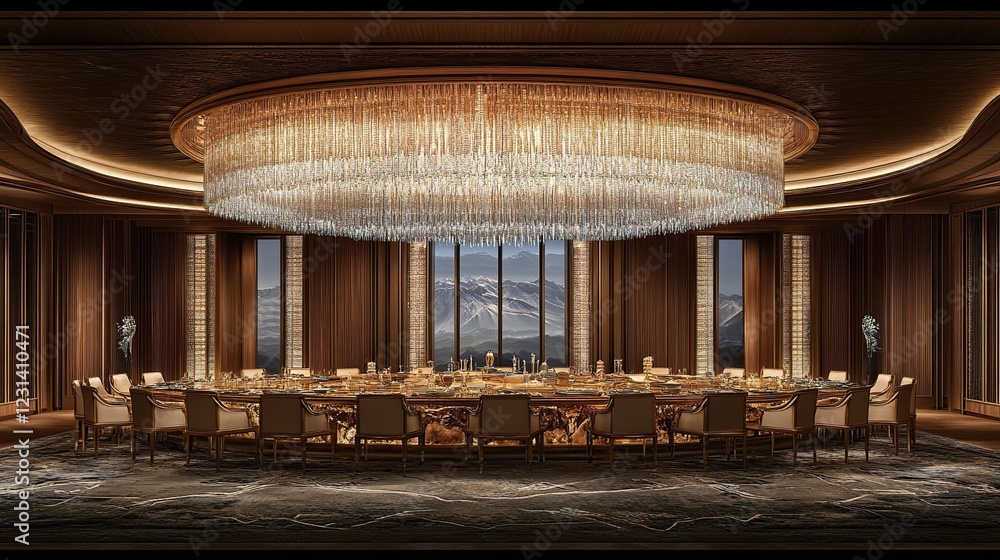 Obraz premium Luxurious dining room, mountain view, chandelier, banquet