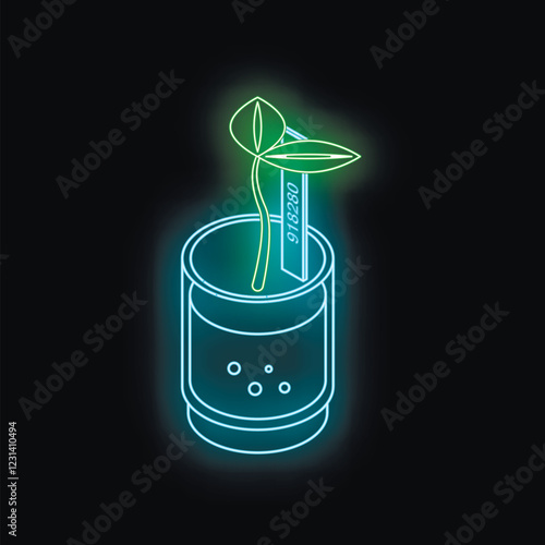 Neon sign depicting biotechnology research, featuring a seedling growing in a laboratory beaker, illuminated against a dark background