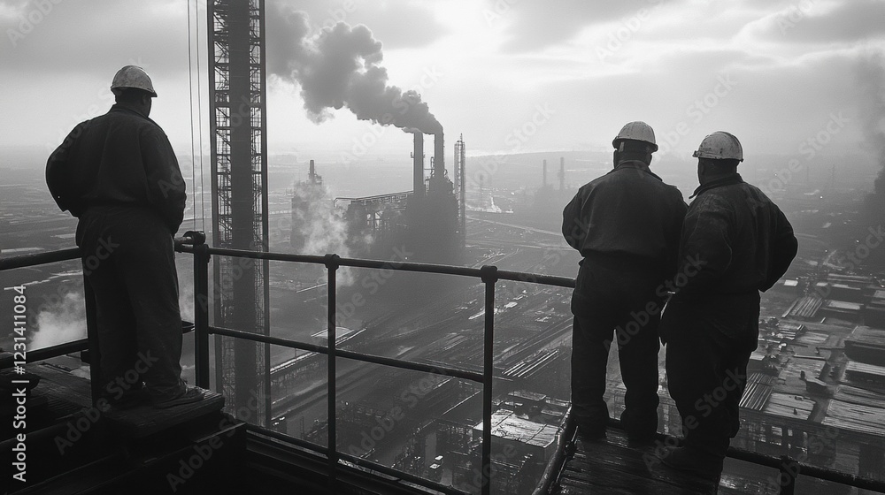 Construction managers standing on a scaffolding platform, overlooking the factory site.
