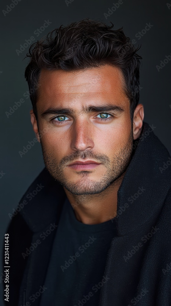Fototapeta premium A detailed headshot of a man with piercing eyes and short, clean-shaven facial features, dressed in a dark jacket.