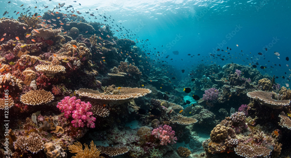 Obraz premium Stunning Underwater Coral Landscape: A breathtaking view of coral formations in clear blue water, showcasing the vibrancy of underwater ecosystems.