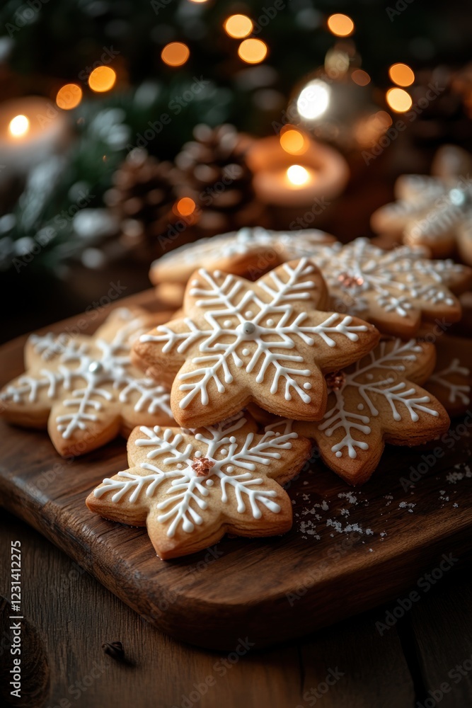 Decorated Gingerbread Cookies with Snowflake Icing Cinnamon Sticks and Star Anise on Rustic Wooden Table Cozy Holiday Atmosphere