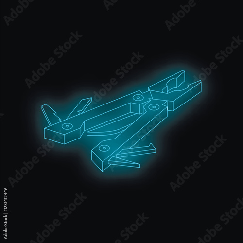 Glowing blue multi tool with various tools extended, isolated on a black background