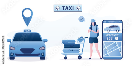Female tourist books taxi through mobile app. Car call, carsharing service on smartphone screen. Passenger with luggage at exit of airport. Online technology, transport application.