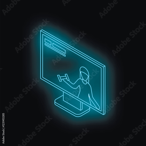 Neon blue isometric illustration of online fitness training with coach showing exercises using dumbbells on computer monitor