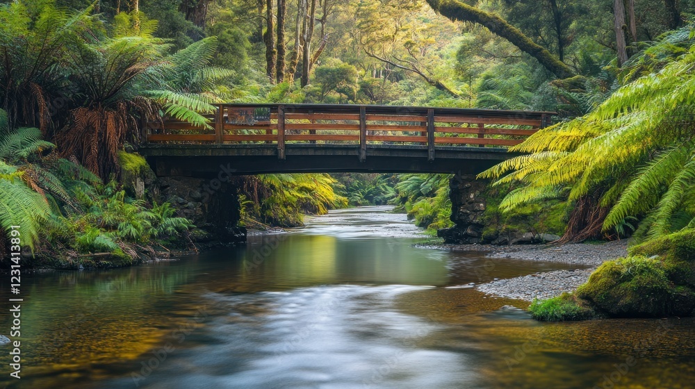 Wooden bridge spanning a calm river flowing through a lush, fern-filled forest. Wooden bridge spanning a calm river flowing through a lush, fern-filled forest.