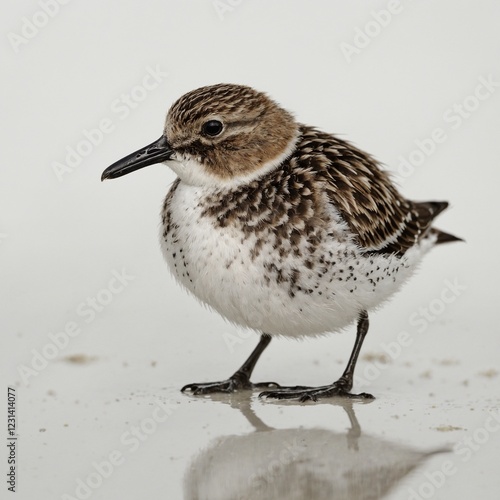 A baby Spoon-billed Sandpiper with tiny speckled feathers and a small curved bill, resting against a white background. photo