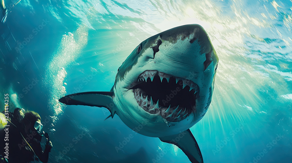 Fototapeta premium Exploring the underwater world with a great white shark near the ocean surface during daylight. Generative AI