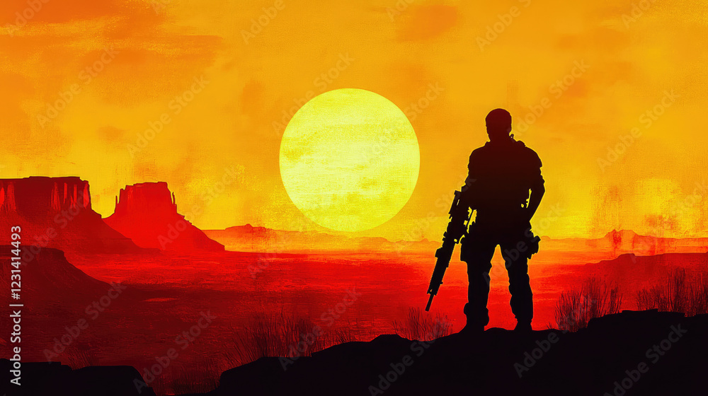 Soldier silhouette against a vibrant sunset in a desert landscape with mountains and warm colors. Generative AI Soldier silhouette against a vibrant sunset in a desert landscape with mountains and warm colors. Generative AI
