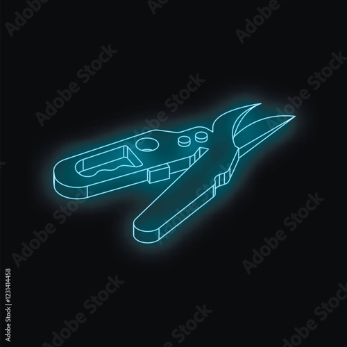 Isometric view of glowing neon pruning shears on a dark background, creating a futuristic and vibrant representation of gardening tools