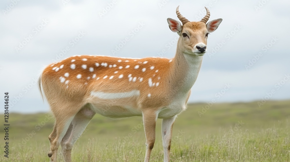 A young, light brown and white spotted deer standing in a grassy field A young, light brown and white spotted deer standing in a grassy field