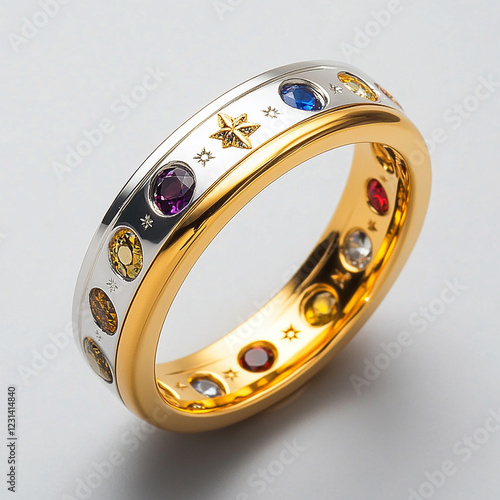 A sleek and slim Golden ring with a silver rotation plate ring inside, with all the zodiacal signs intricately carved in their respective shapes of different color stones.