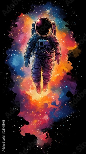 A hand-drawn illustration of an astronaut floating in space with a vibrant nebula in the background, showcasing a sci-fi theme. photo