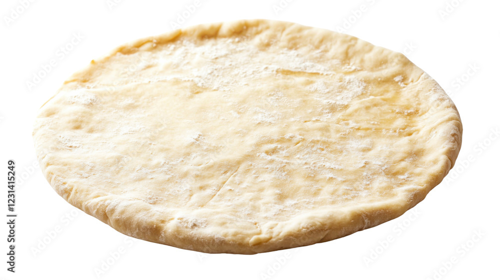 Fototapeta premium Raw pizza dough with flour on transparent background, ready for cooking
