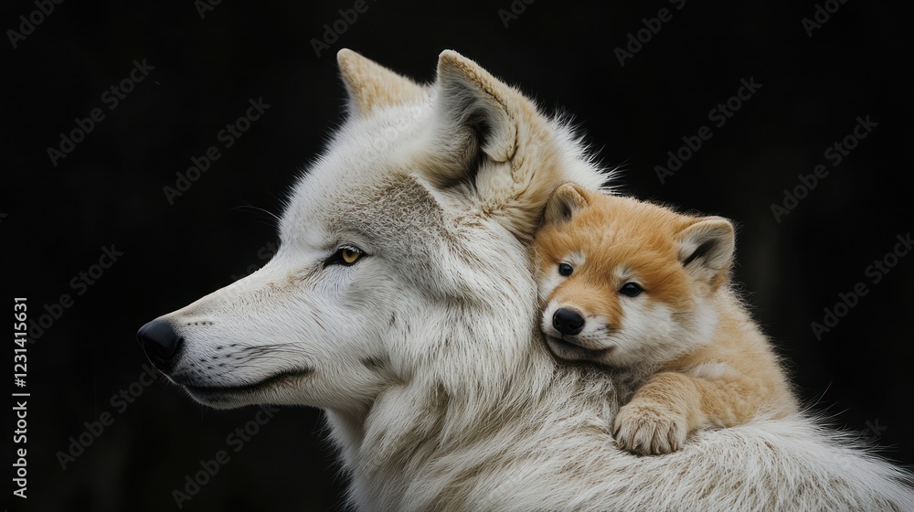 Obraz premium Arctic wolf, pup, cuddling, dark background, wildlife print