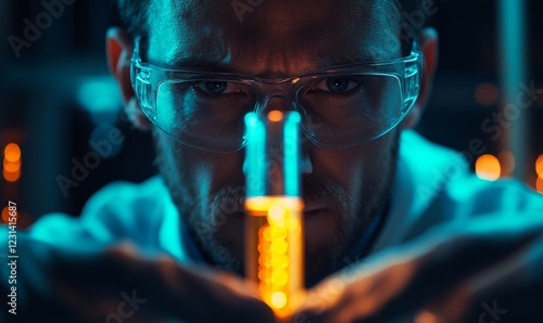 A scientist holds a vial of glowing liquid, their eyes filled with both fear and hope, as they push the boundaries of genetic engineering photo