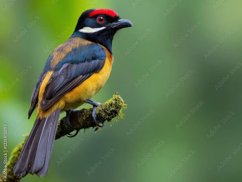 Fototapeta premium Vibrant red-capped bird perched on mossy branch, showcasing its colorful plumage against a blurred green background.