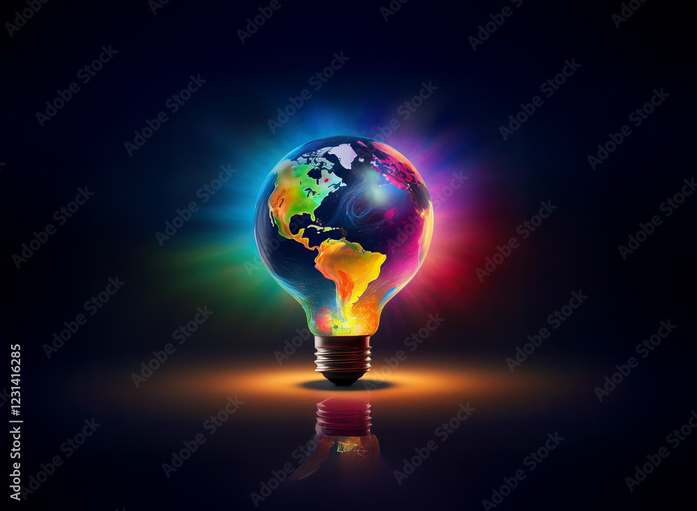 A vibrant Earth globe nestled inside a glowing light bulb, radiating colorful energy against a dark background. It symbolizes global connection and innovative ideas. A vibrant Earth globe nestled inside a glowing light bulb, radiating colorful energy against a dark background. It symbolizes global connection and innovative ideas.