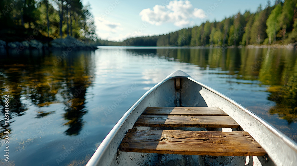 Canoeing on calm lake, forest background, summer