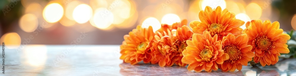 Orange chrysanthemum flowers on a table with bokeh background. Orange chrysanthemum flowers on a table with bokeh background.