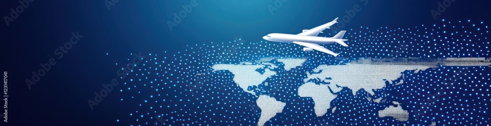 Airplane flying over a world map made of data points. Airplane flying over a world map made of data points.