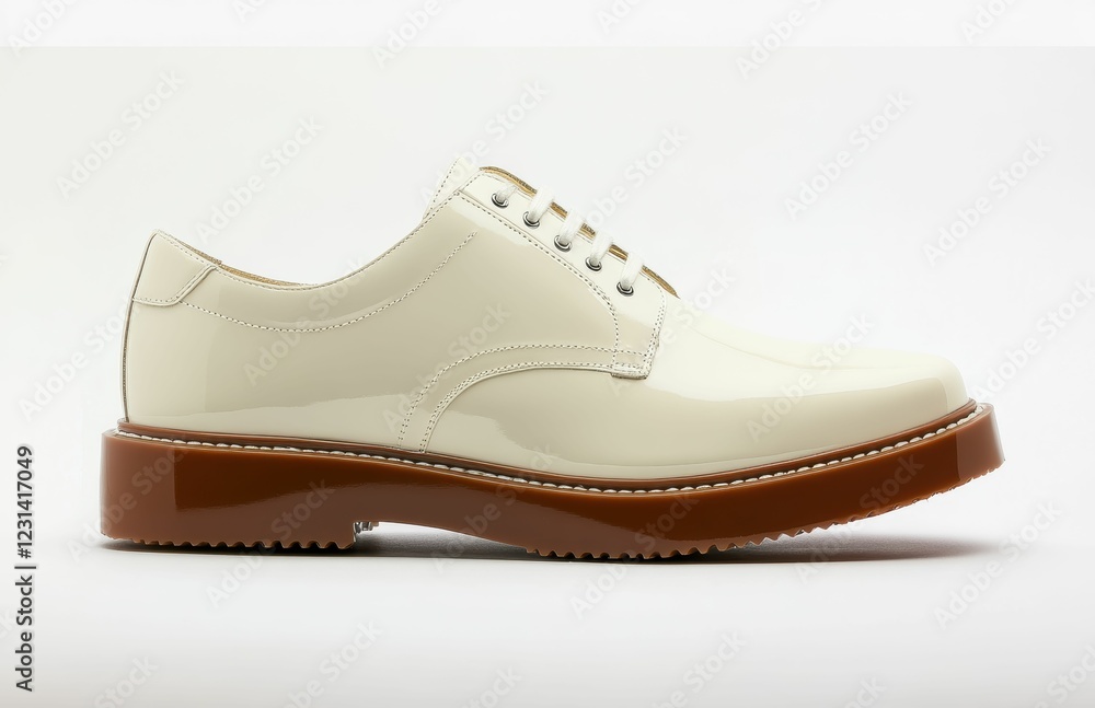 A glossy white beige shoe with fine stitching and a sophisticated design, shown in a side profile to emphasize its upscale appeal on the studio white background. A glossy white beige shoe with fine stitching and a sophisticated design, shown in a side profile to emphasize its upscale appeal on the studio white background.
