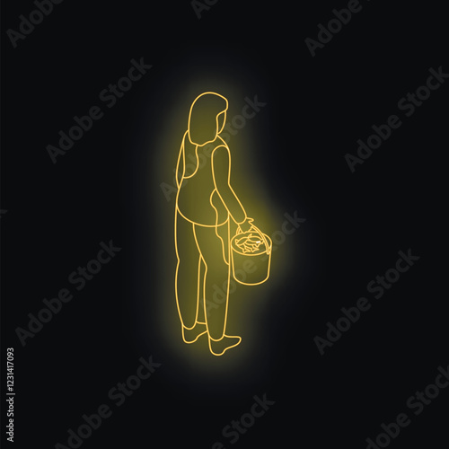 Golden neon sign of fisherwoman holding bucket full of fish on black background