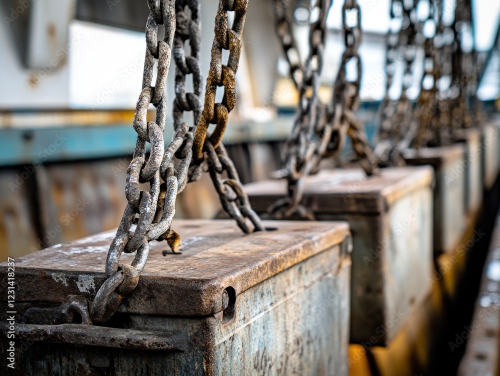 Close-up of rusty metal boxes hanging from chains. Close-up of rusty metal boxes hanging from chains.